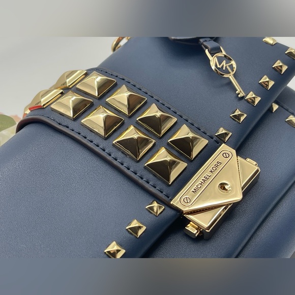 Michael Kors Navy Faux Leather Studs Satchel Shoulder Bag - Picture 12 of 16